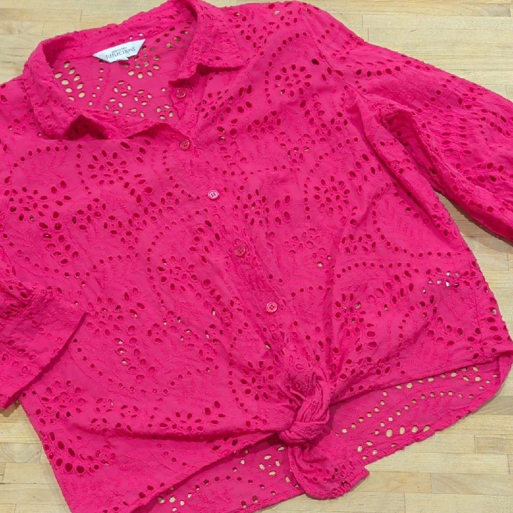 Northern Reflections Fuschia Pink Cotton Eyelet Button Down Blouse Size L